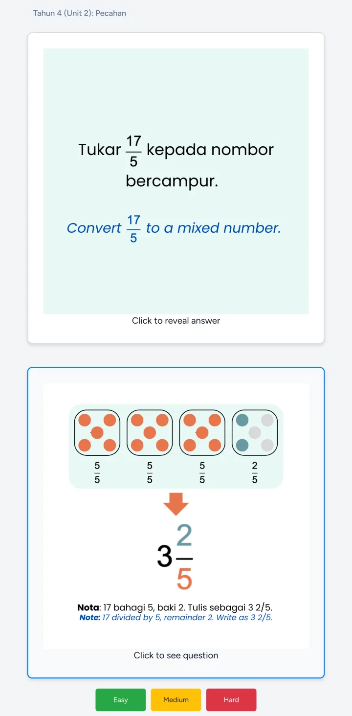 Paparan anak: soalan dan jawapan flashcard Matematik Tahun 4 dengan butang Easy, Medium dan Hard