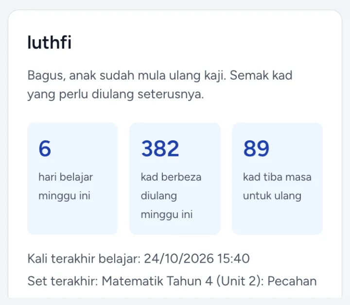 Paparan ibu bapa: hari belajar minggu ini, kad diulang dan kad tiba masa untuk ulang