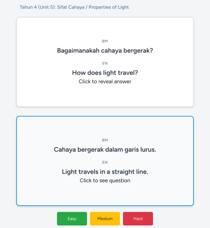 Paparan anak: soalan dan jawapan flashcard Sains Tahun 4 dalam BM dan English dengan butang Easy, Medium dan Hard