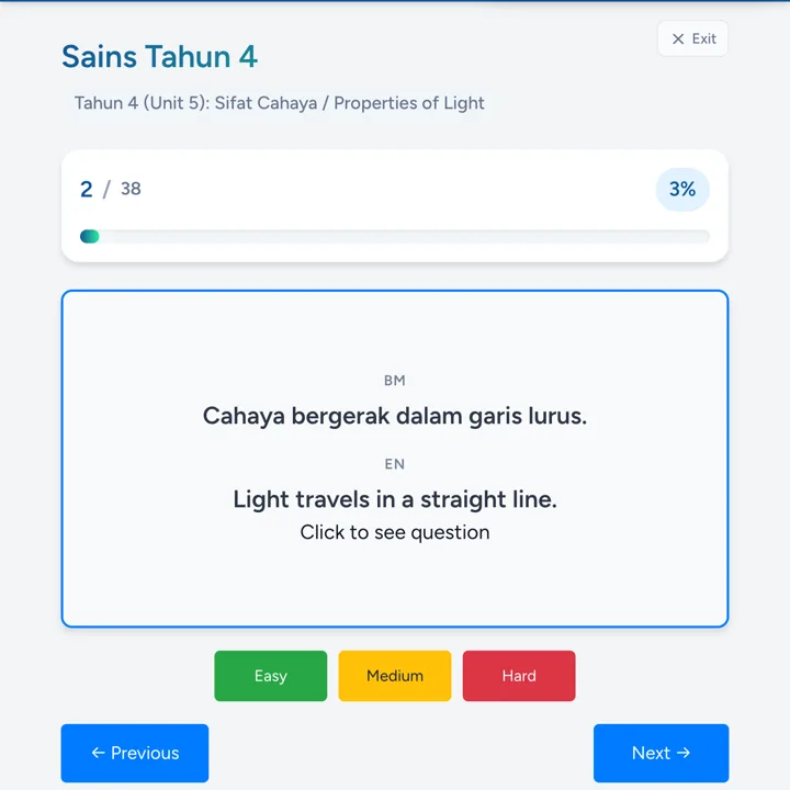 Screenshot Flashcard Sains - Jawapan dengan butang Easy, Medium dan Hard