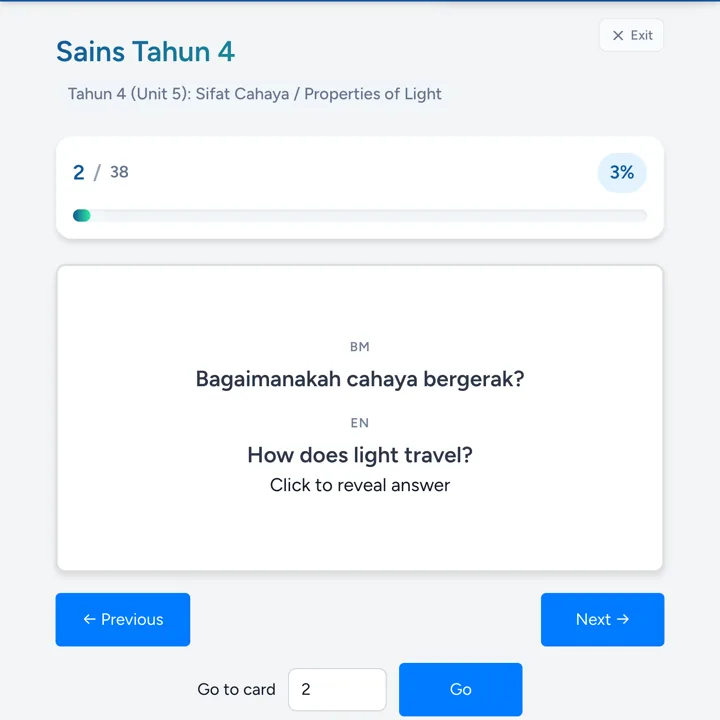 Screenshot Flashcard Sains - Soalan dalam BM dan English