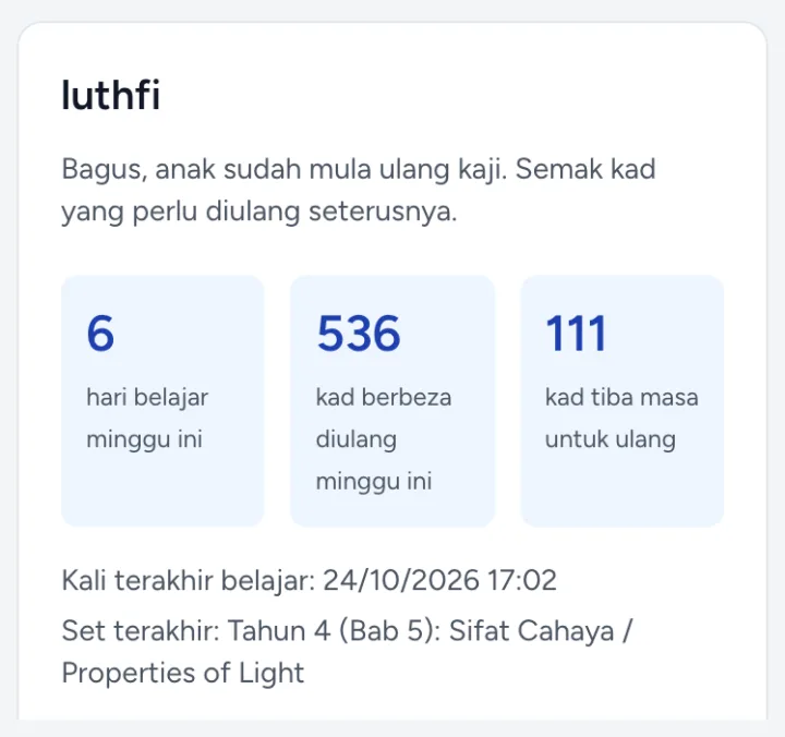Paparan ibu bapa: hari belajar minggu ini, kad diulang dan kad tiba masa untuk ulang