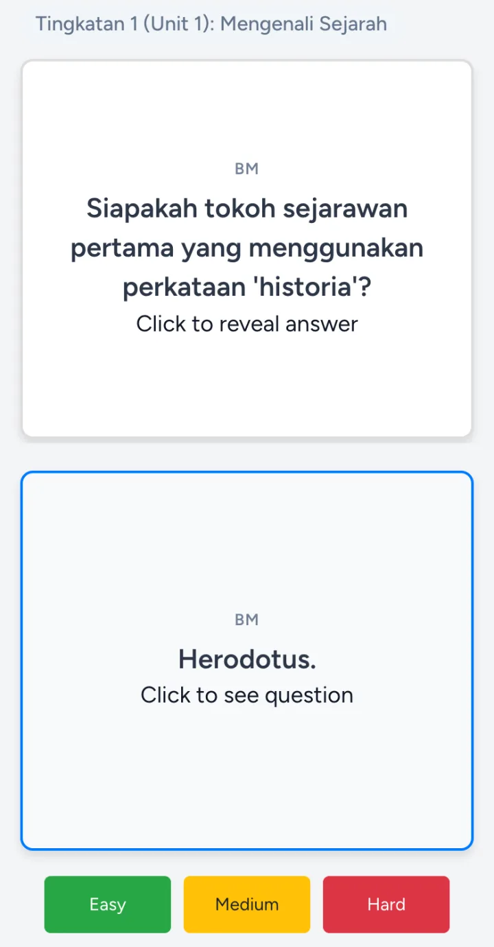 Paparan anak: soalan dan jawapan flashcard Sejarah Tingkatan 1 dengan butang Easy, Medium dan Hard