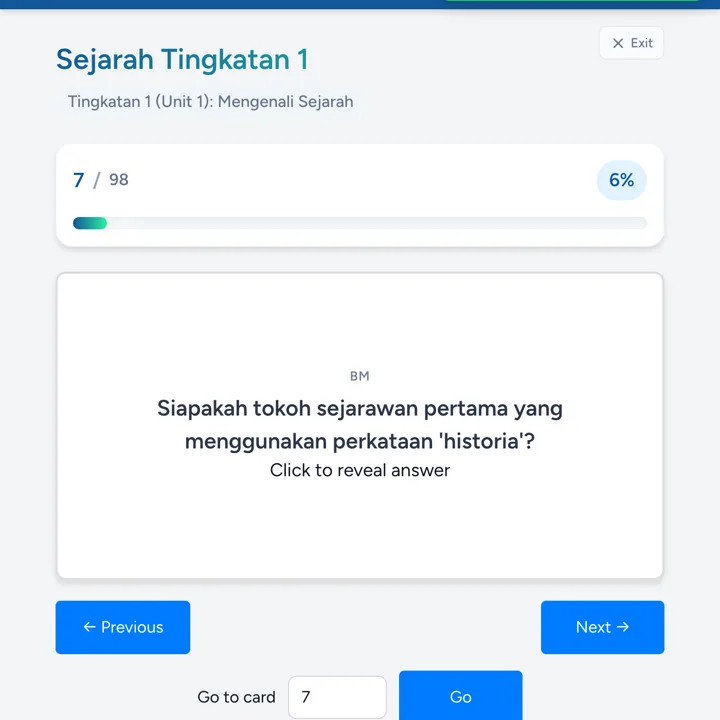 Screenshot Flashcard Sejarah - Kandungan Pembelajaran