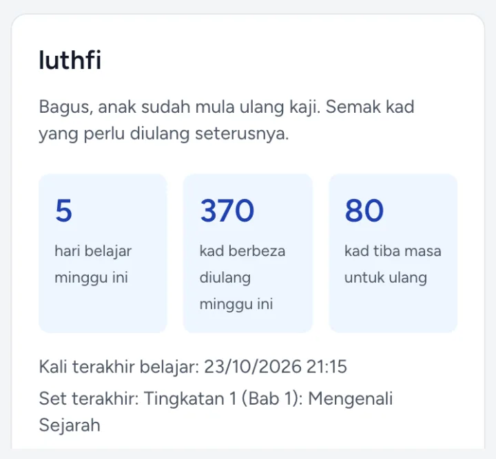 Paparan ibu bapa: hari belajar minggu ini, kad diulang dan kad tiba masa untuk ulang