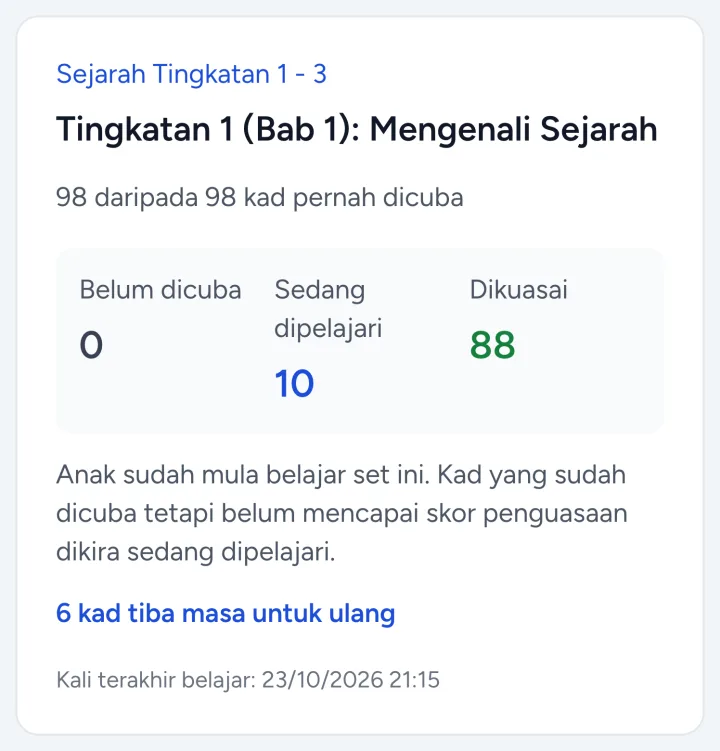 Paparan ibu bapa: kemajuan anak bagi Sejarah Tingkatan 1 Bab 1