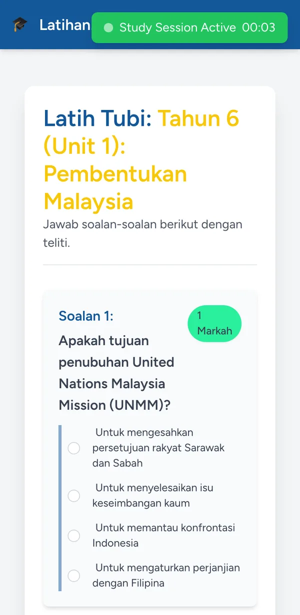 Soalan latih tubi Sejarah Tahun 6 di telefon, dengan empat pilihan jawapan