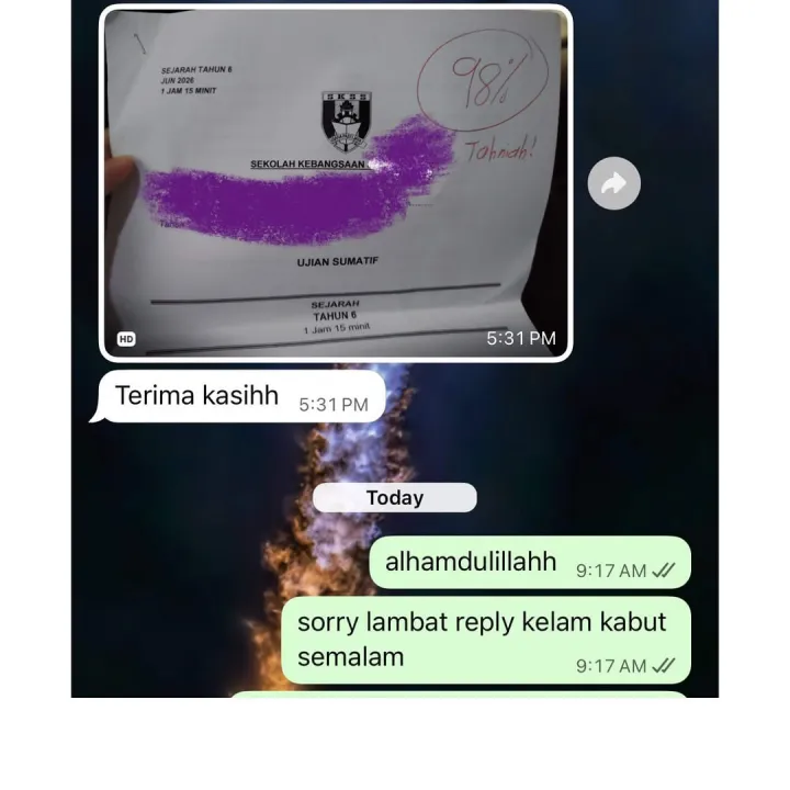 Pembeli Flashcard berkongsi kertas Ujian Sumatif Sejarah Tahun 6 dengan markah 98 peratus